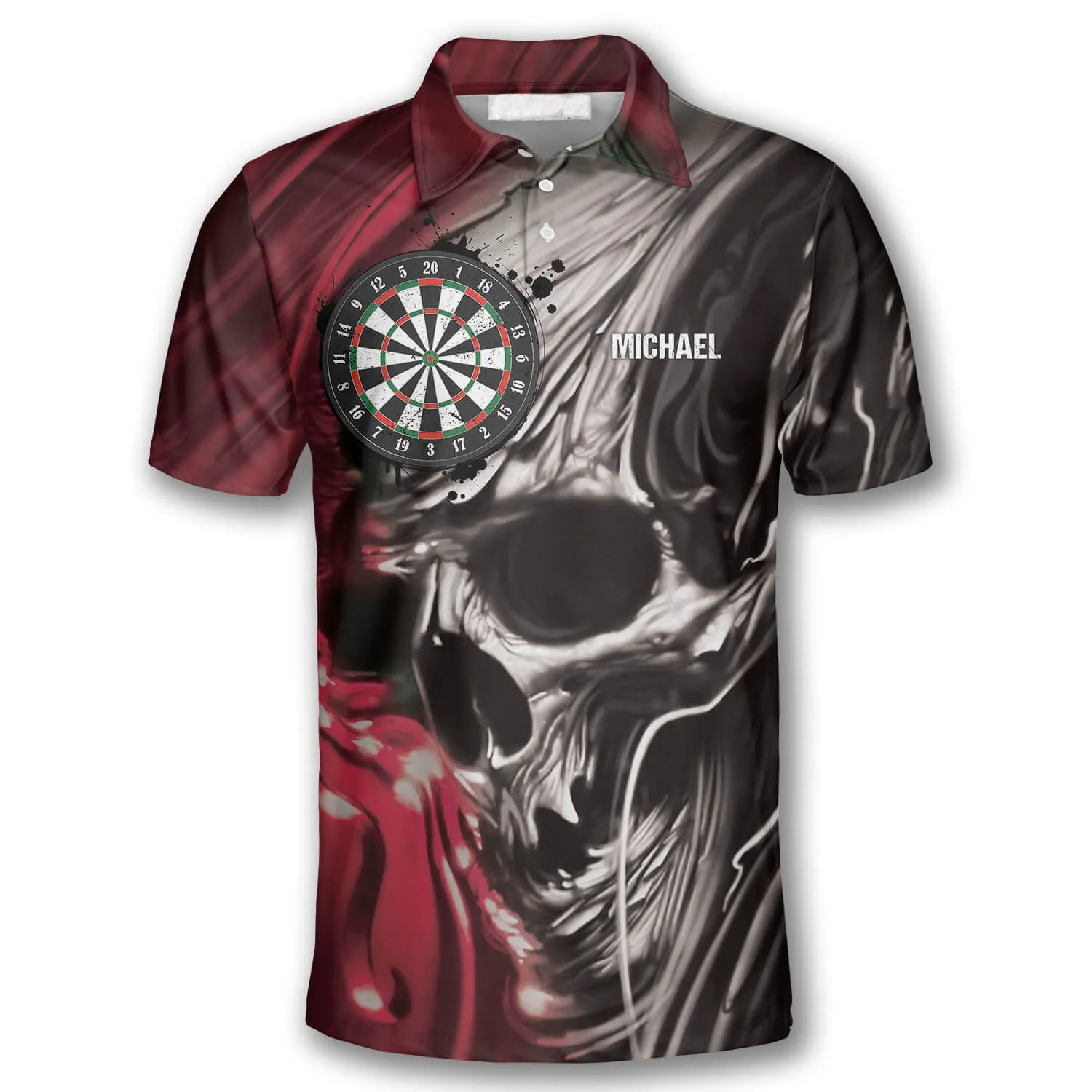 3D All Over Print Dart Polo Shirt, Skull BR Custom Darts Shirts for Men, Red Skull Dart Shirt