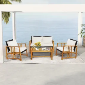 4 Pieces Patio Rattan Conversation Set with Seat and Back Cushions-Off White