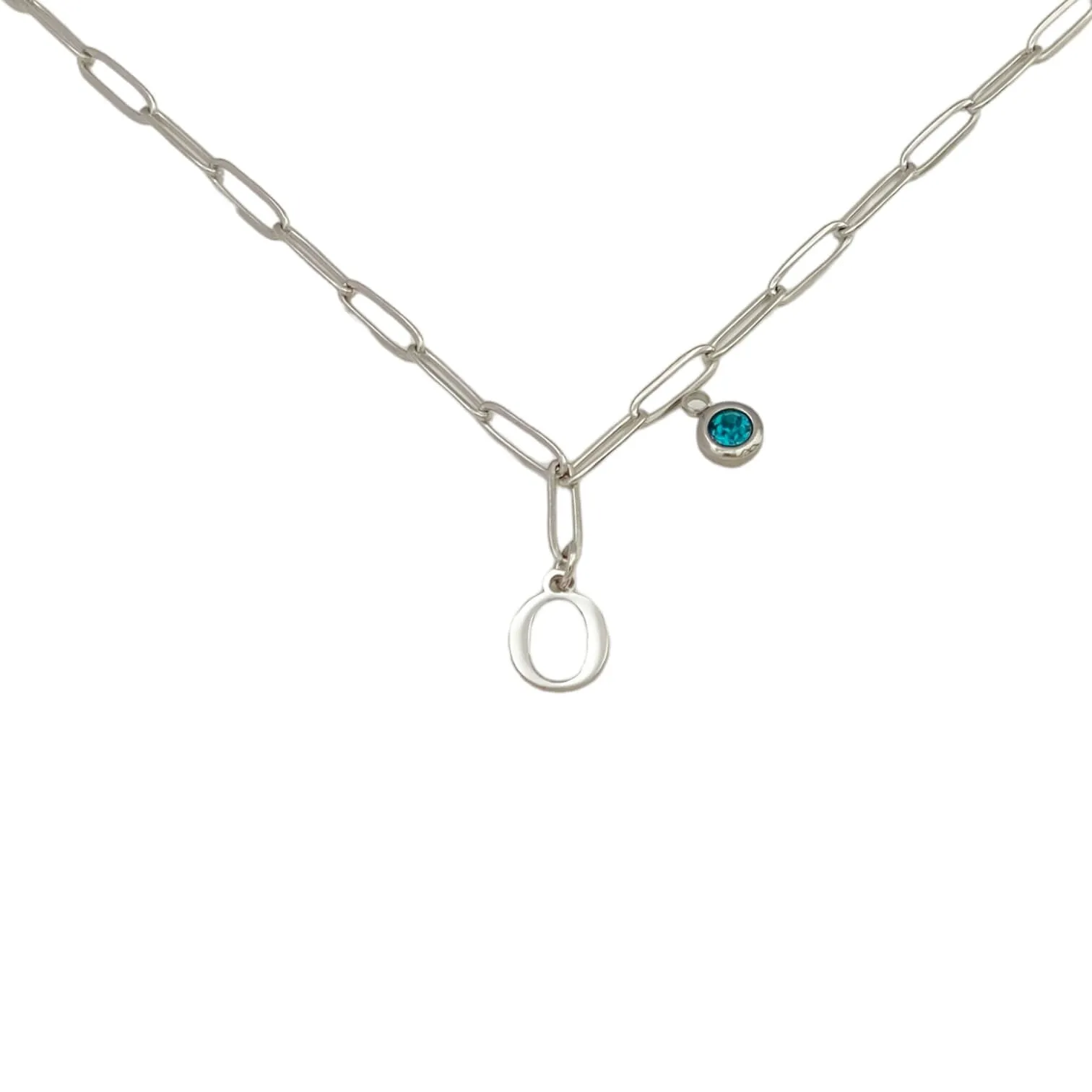 Alphabet Birthstone Paperclip Necklace Silver (O-U)