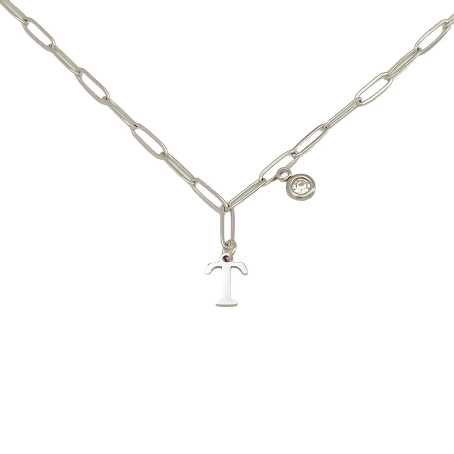 Alphabet Birthstone Paperclip Necklace Silver (O-U)