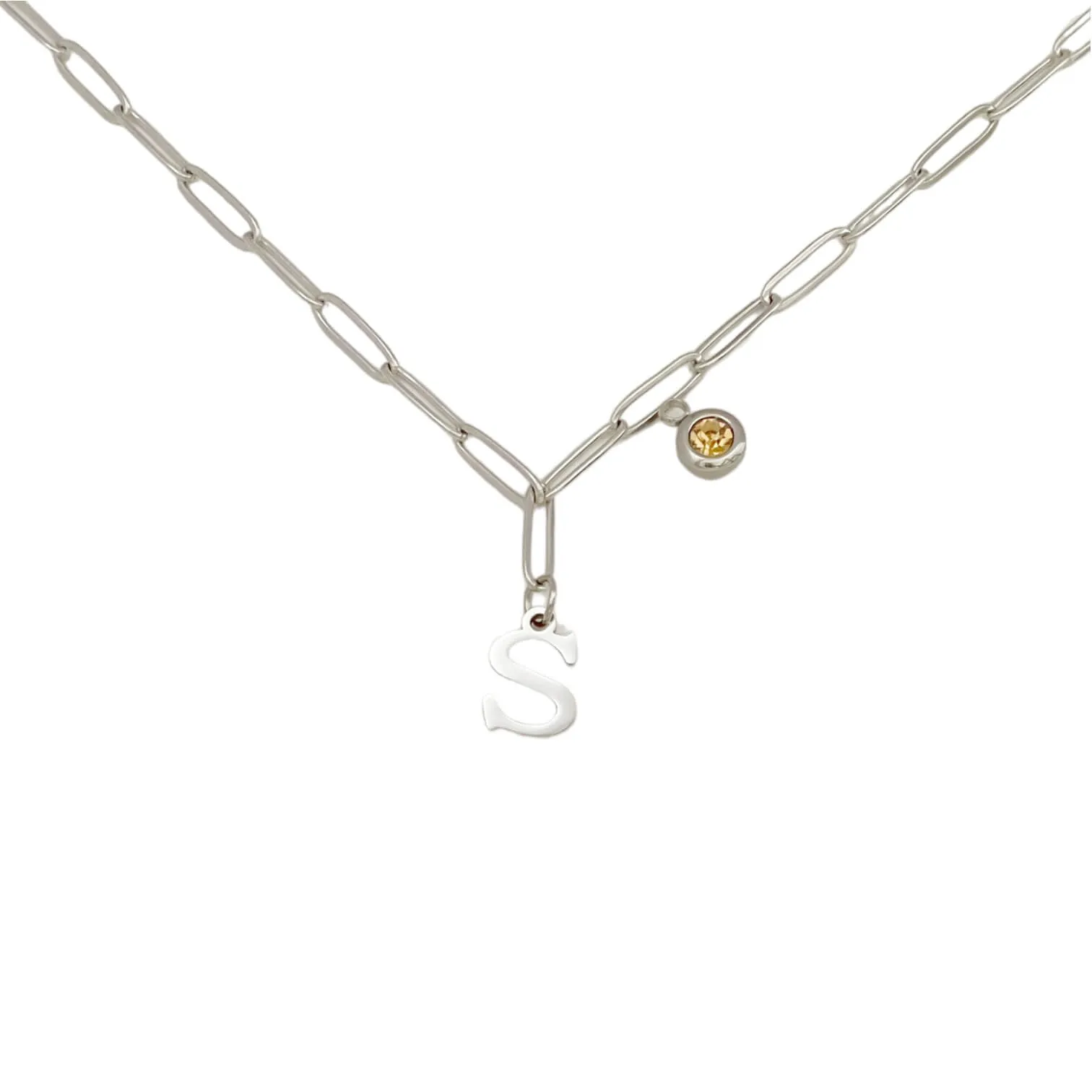 Alphabet Birthstone Paperclip Necklace Silver (O-U)