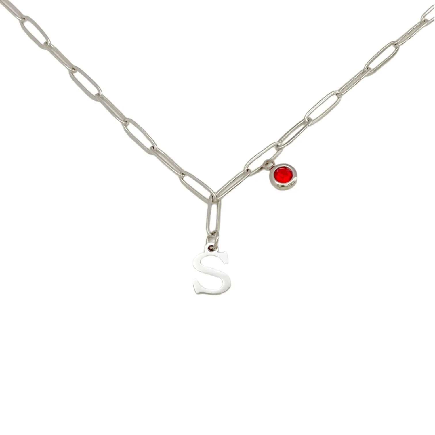 Alphabet Birthstone Paperclip Necklace Silver (O-U)