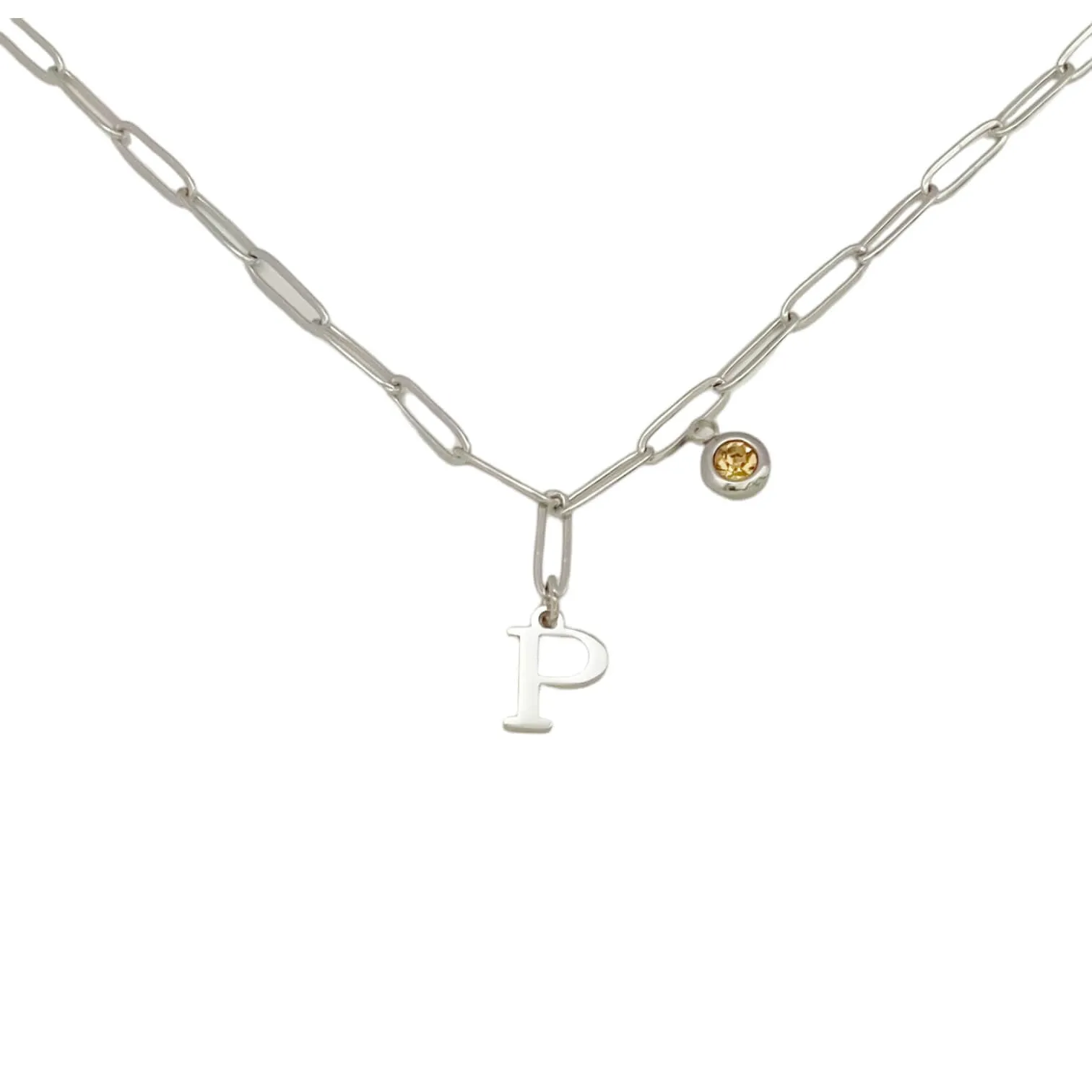 Alphabet Birthstone Paperclip Necklace Silver (O-U)