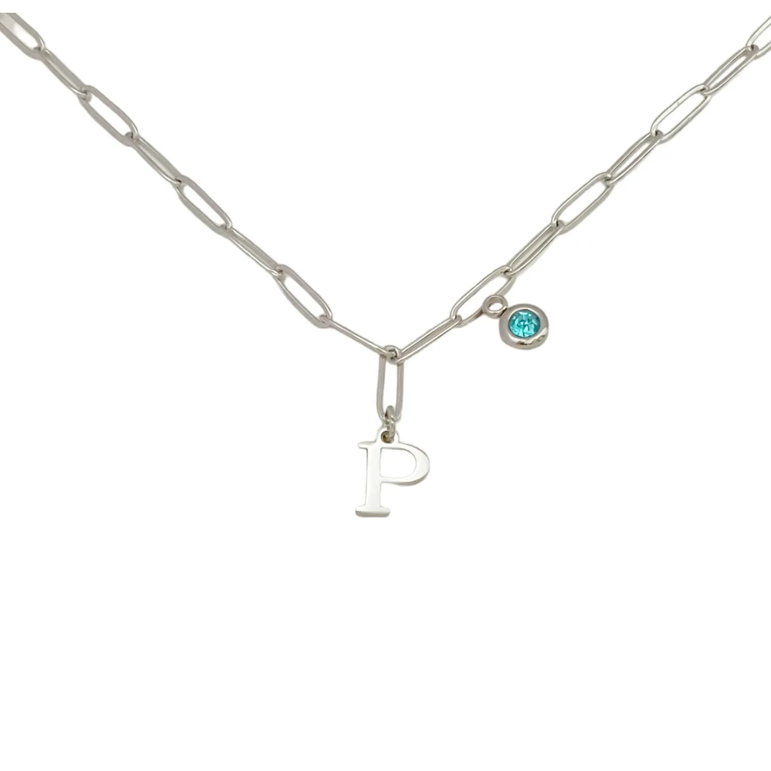 Alphabet Birthstone Paperclip Necklace Silver (O-U)