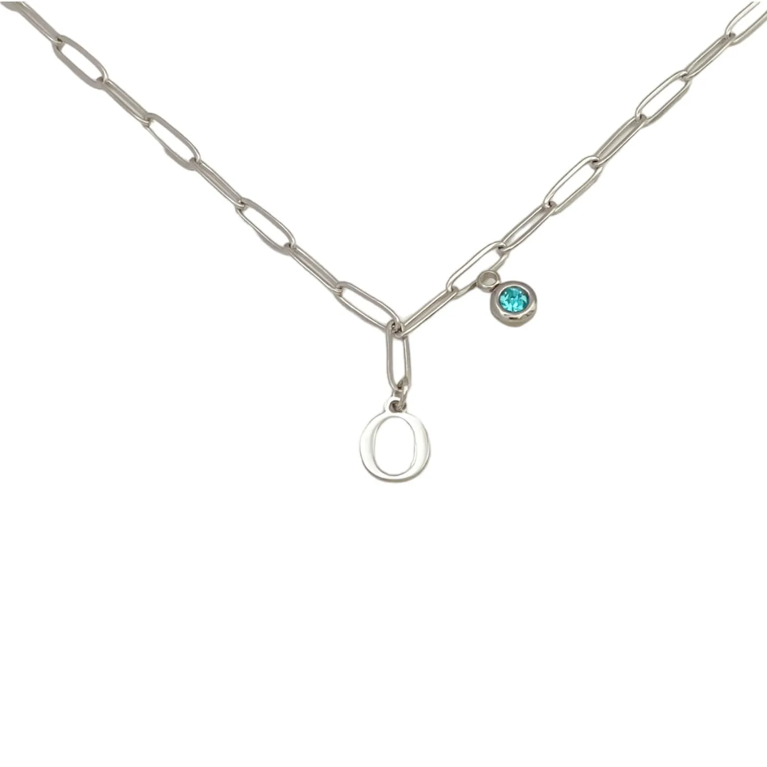 Alphabet Birthstone Paperclip Necklace Silver (O-U)