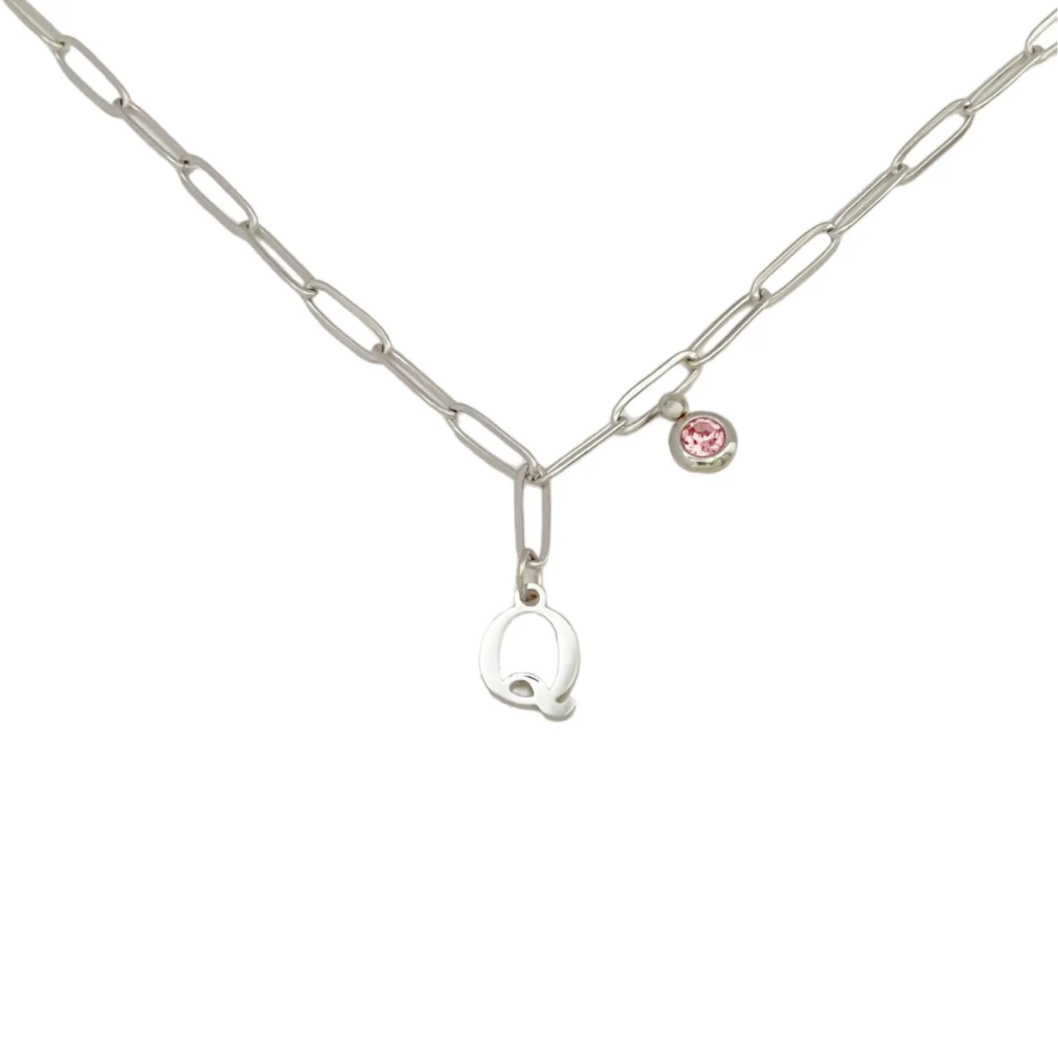 Alphabet Birthstone Paperclip Necklace Silver (O-U)