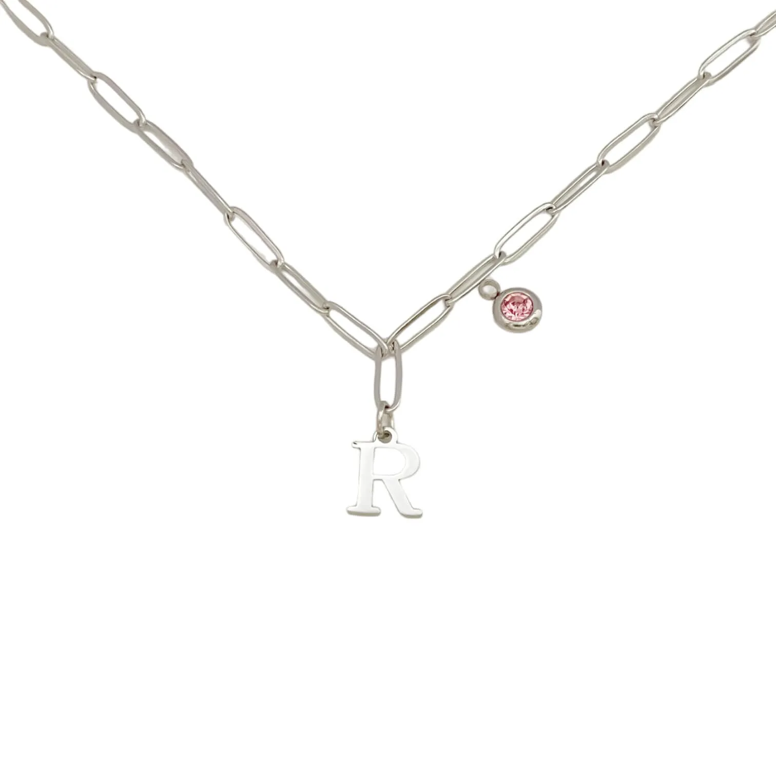 Alphabet Birthstone Paperclip Necklace Silver (O-U)