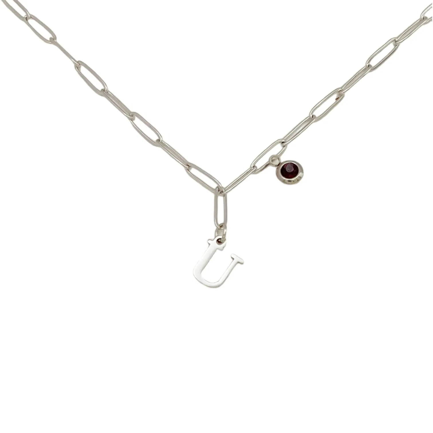 Alphabet Birthstone Paperclip Necklace Silver (O-U)