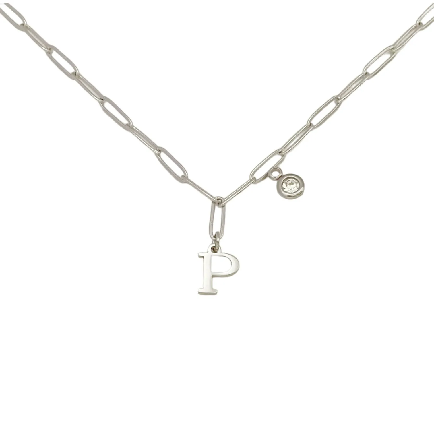 Alphabet Birthstone Paperclip Necklace Silver (O-U)