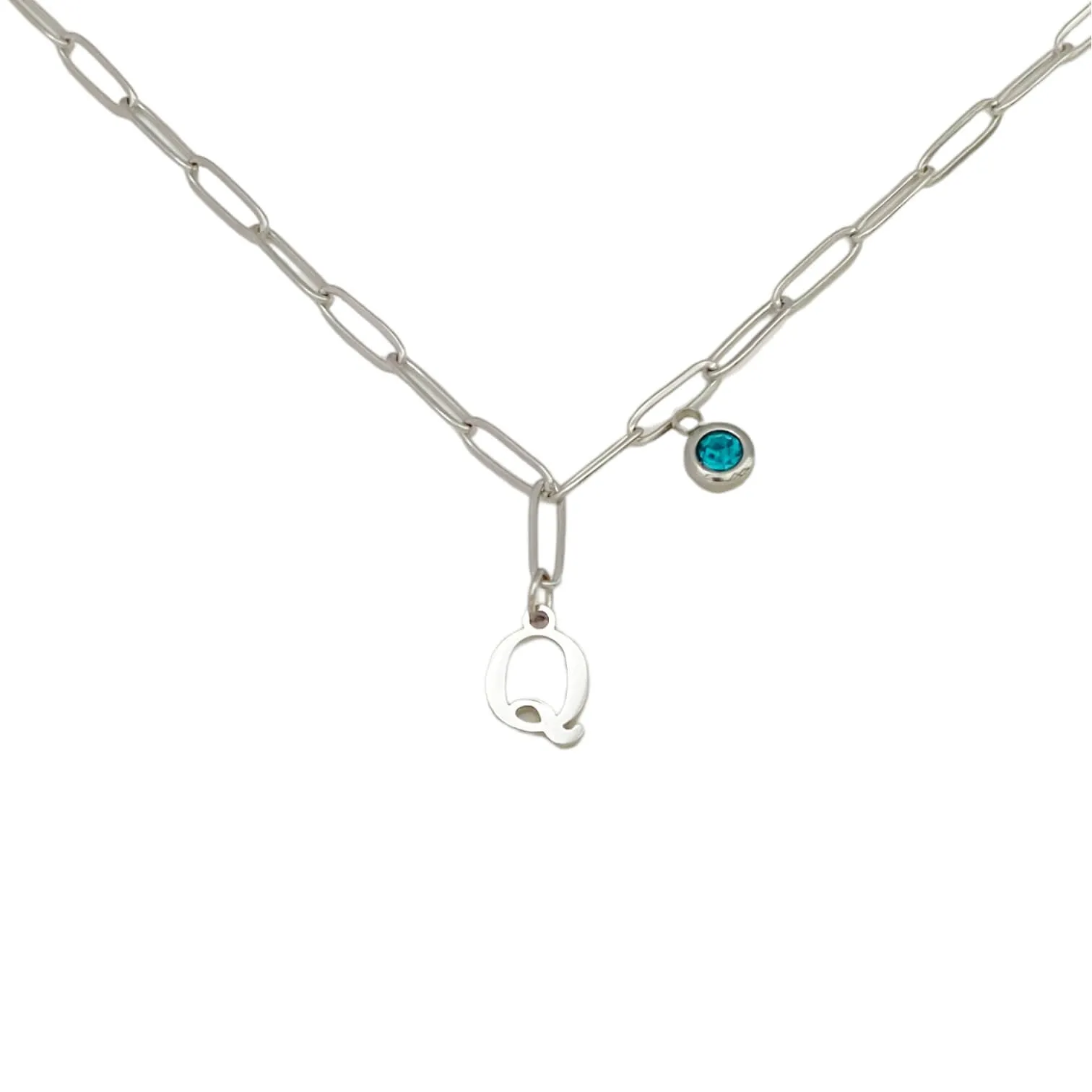 Alphabet Birthstone Paperclip Necklace Silver (O-U)