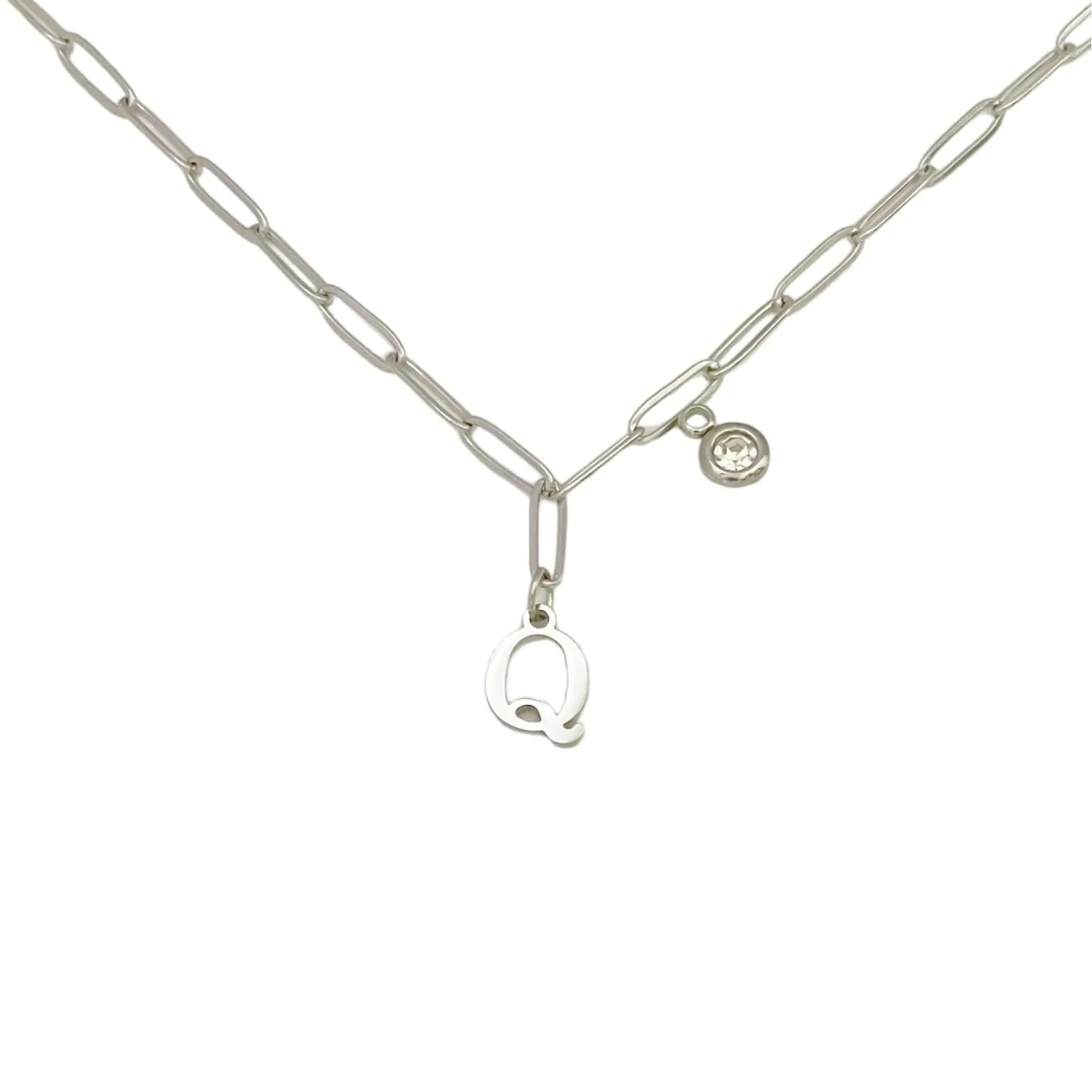 Alphabet Birthstone Paperclip Necklace Silver (O-U)