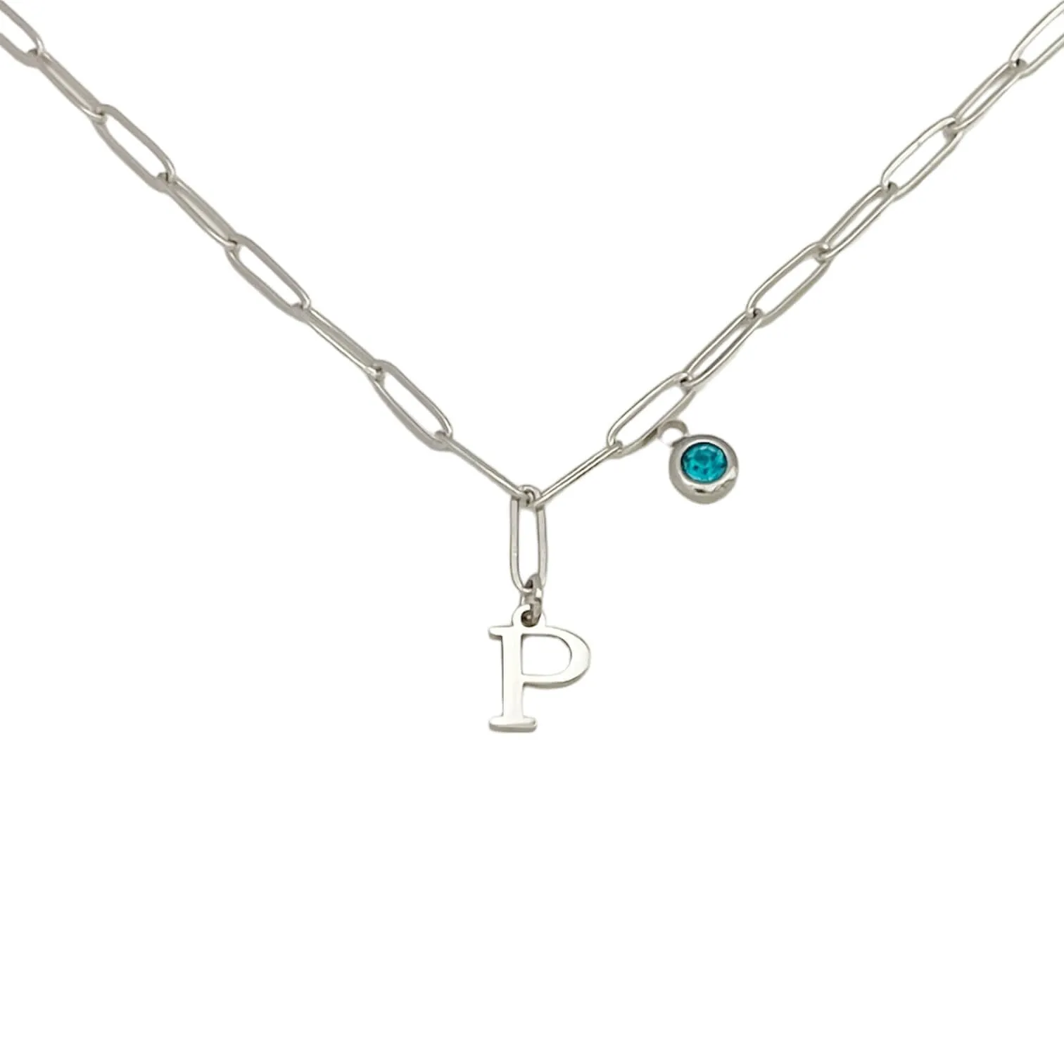 Alphabet Birthstone Paperclip Necklace Silver (O-U)