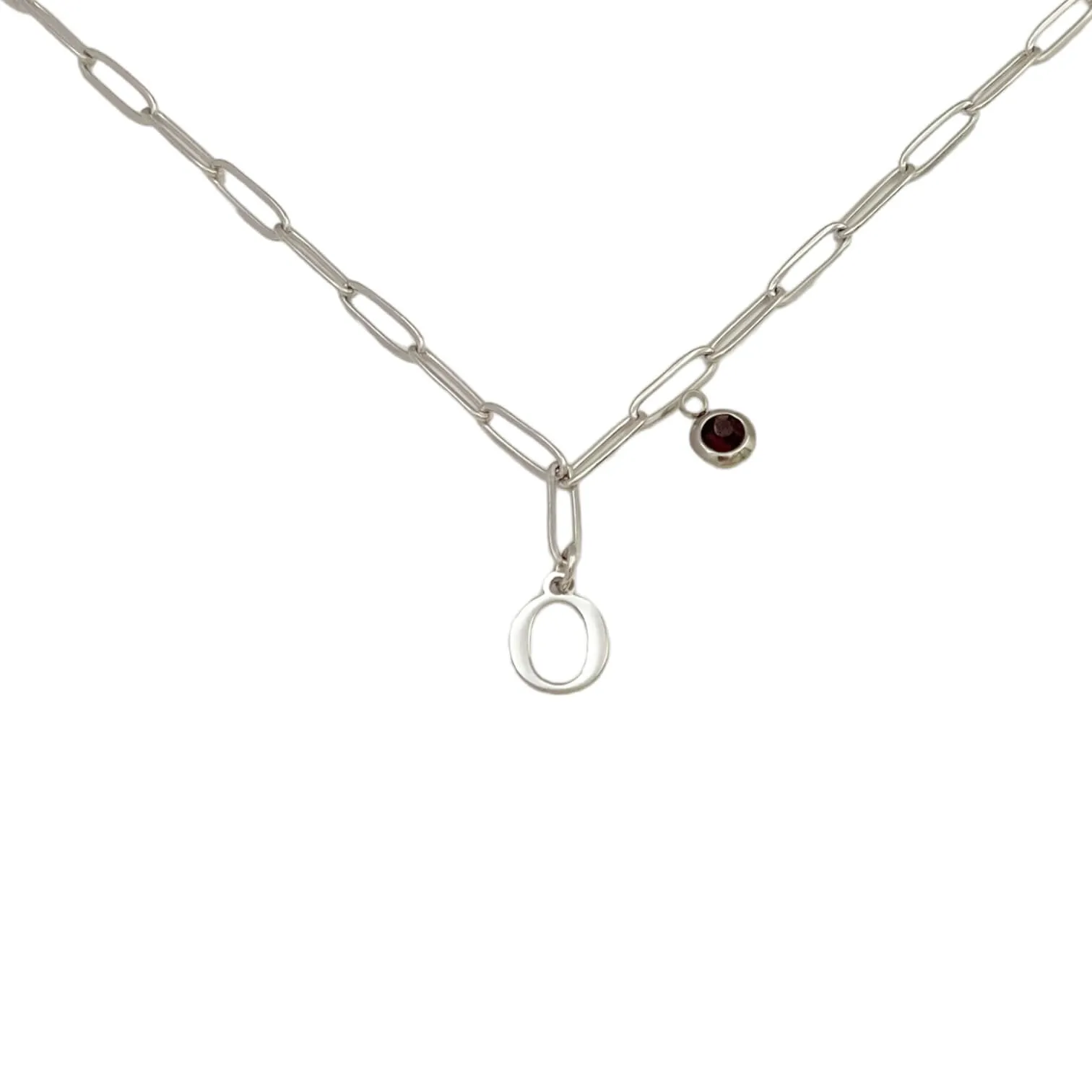 Alphabet Birthstone Paperclip Necklace Silver (O-U)