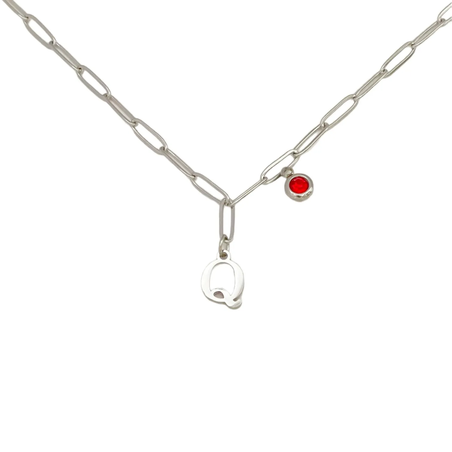 Alphabet Birthstone Paperclip Necklace Silver (O-U)