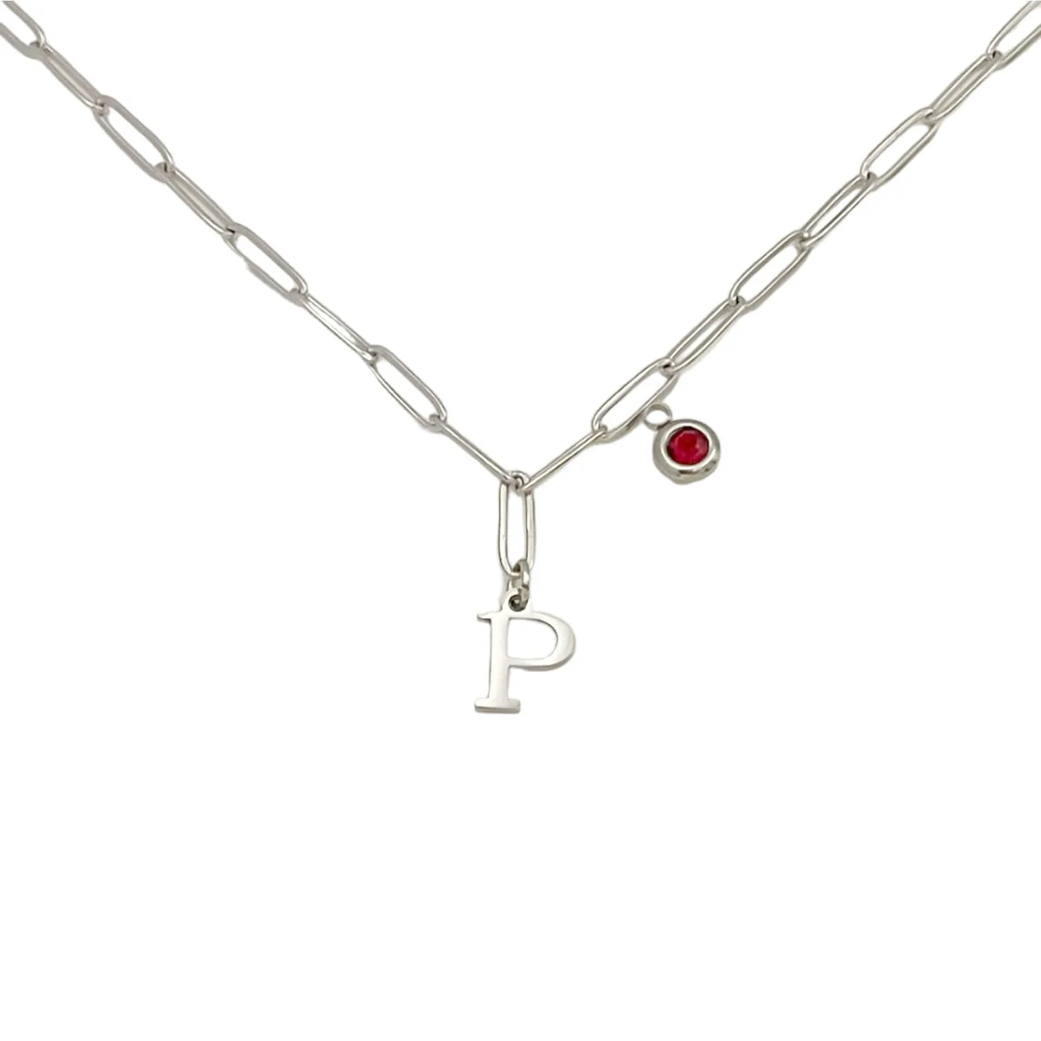 Alphabet Birthstone Paperclip Necklace Silver (O-U)