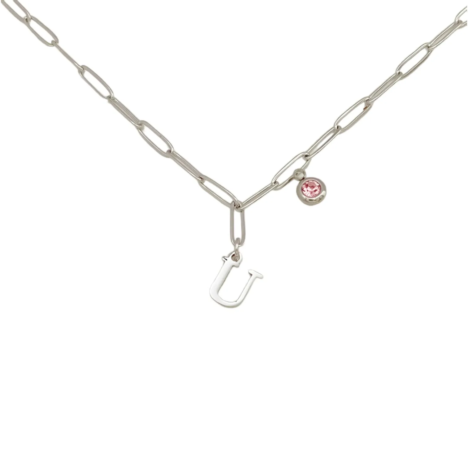 Alphabet Birthstone Paperclip Necklace Silver (O-U)