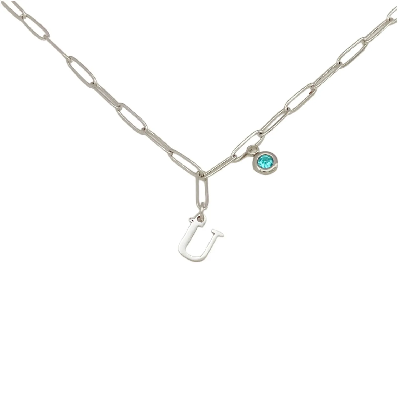 Alphabet Birthstone Paperclip Necklace Silver (O-U)