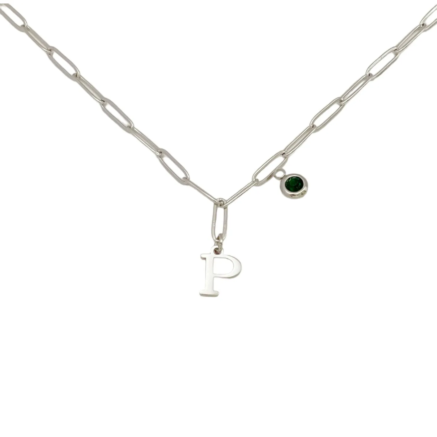 Alphabet Birthstone Paperclip Necklace Silver (O-U)