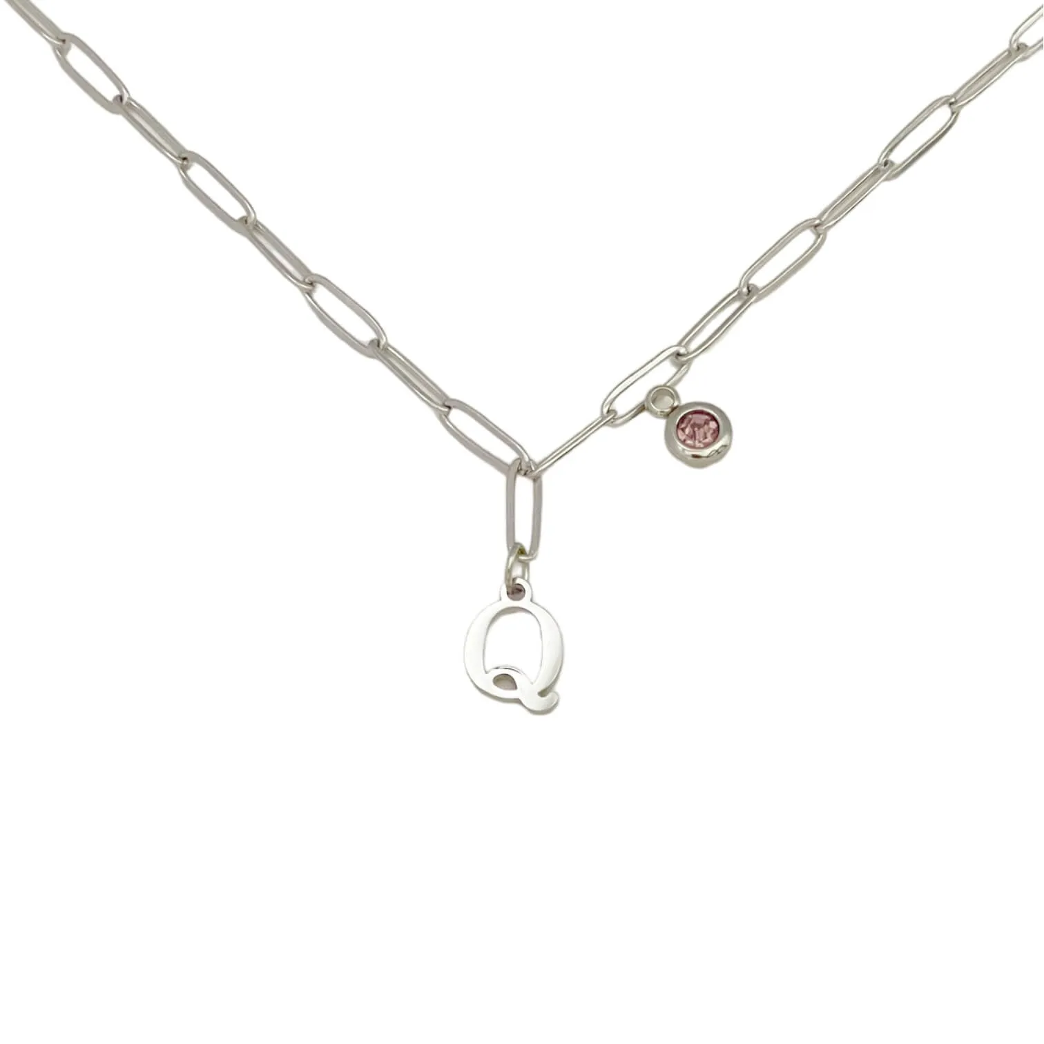 Alphabet Birthstone Paperclip Necklace Silver (O-U)