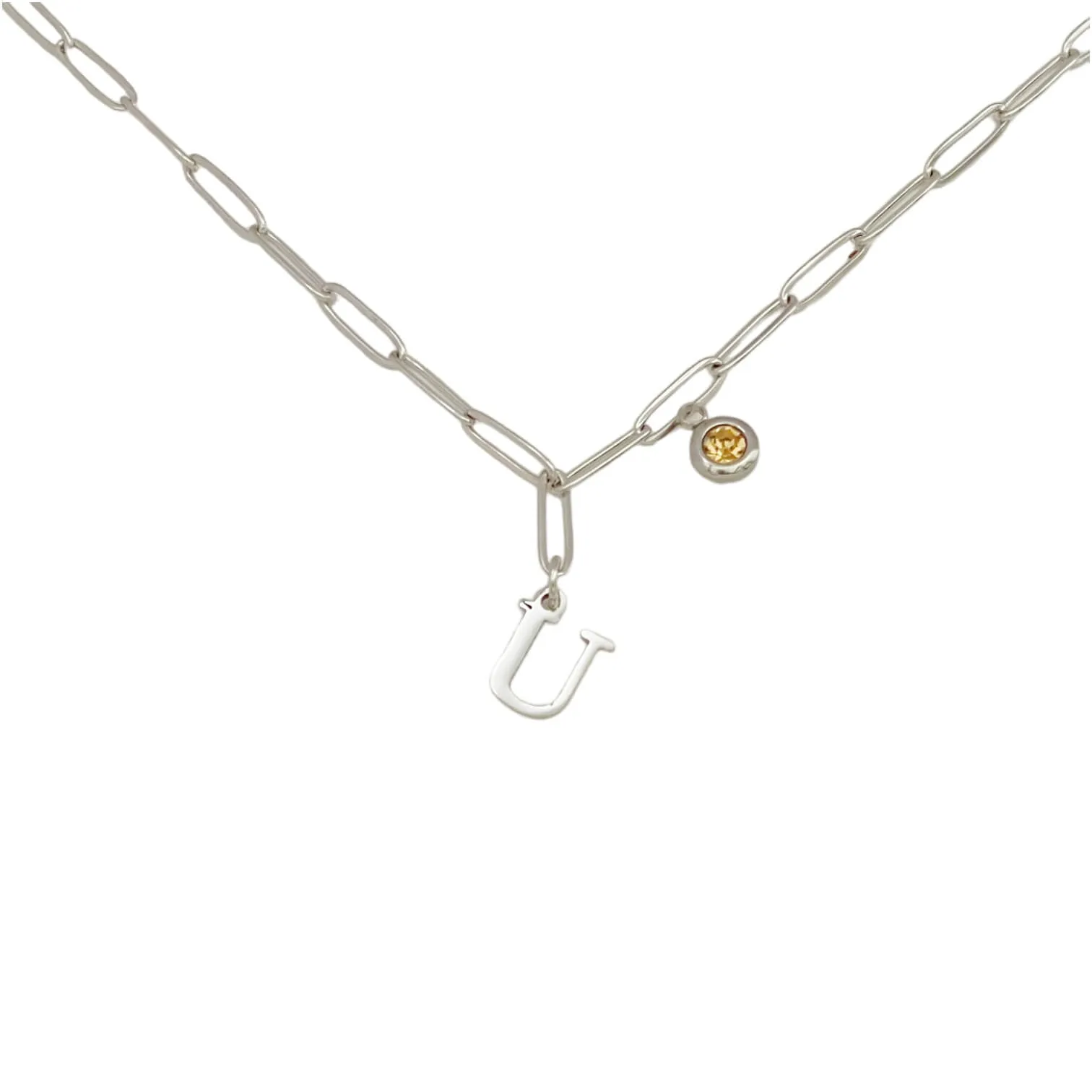 Alphabet Birthstone Paperclip Necklace Silver (O-U)