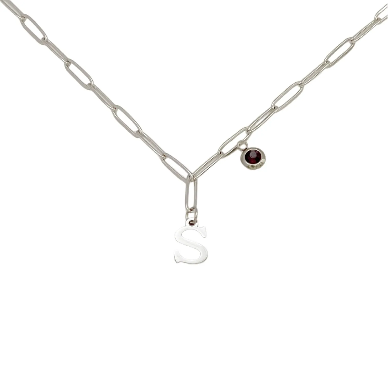 Alphabet Birthstone Paperclip Necklace Silver (O-U)