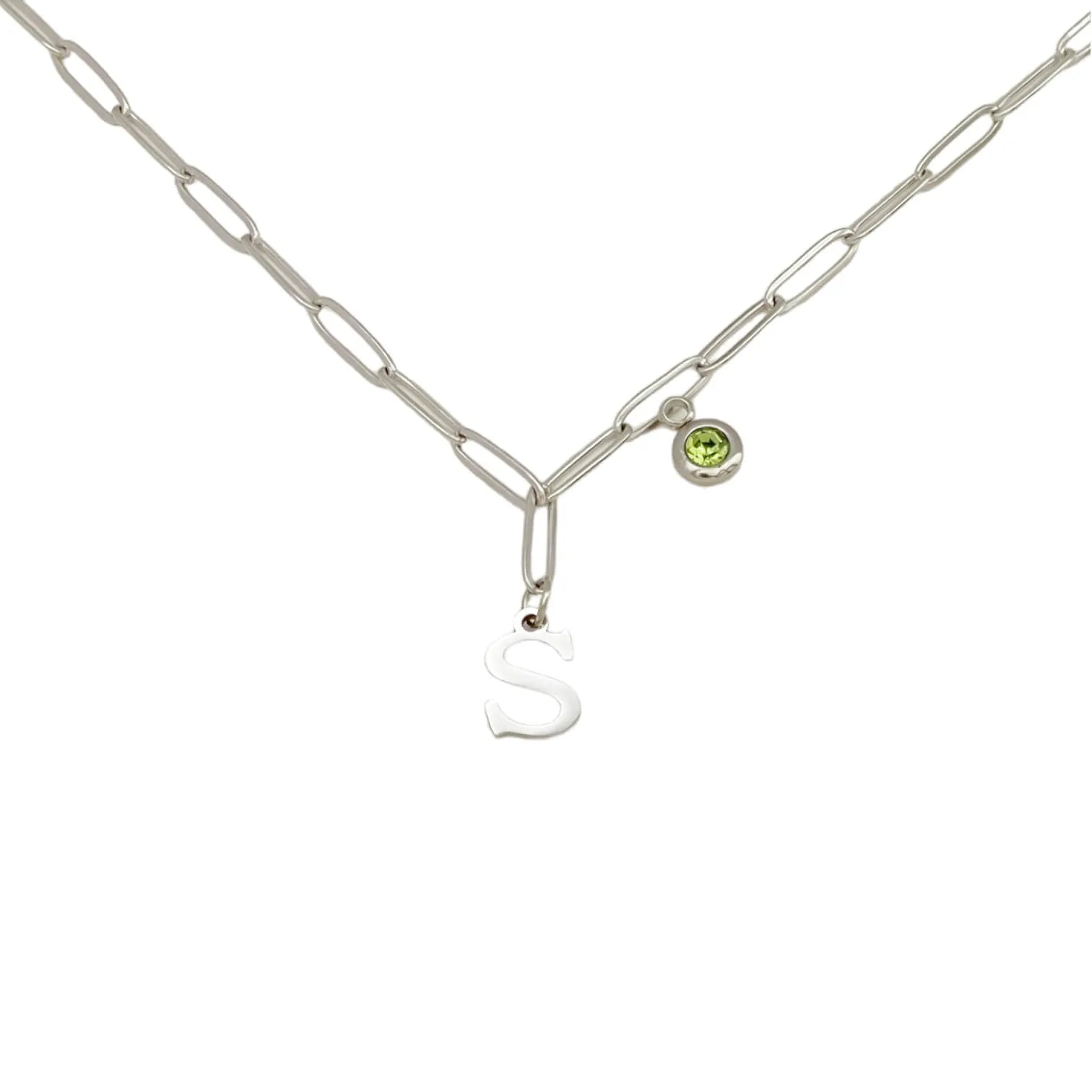 Alphabet Birthstone Paperclip Necklace Silver (O-U)