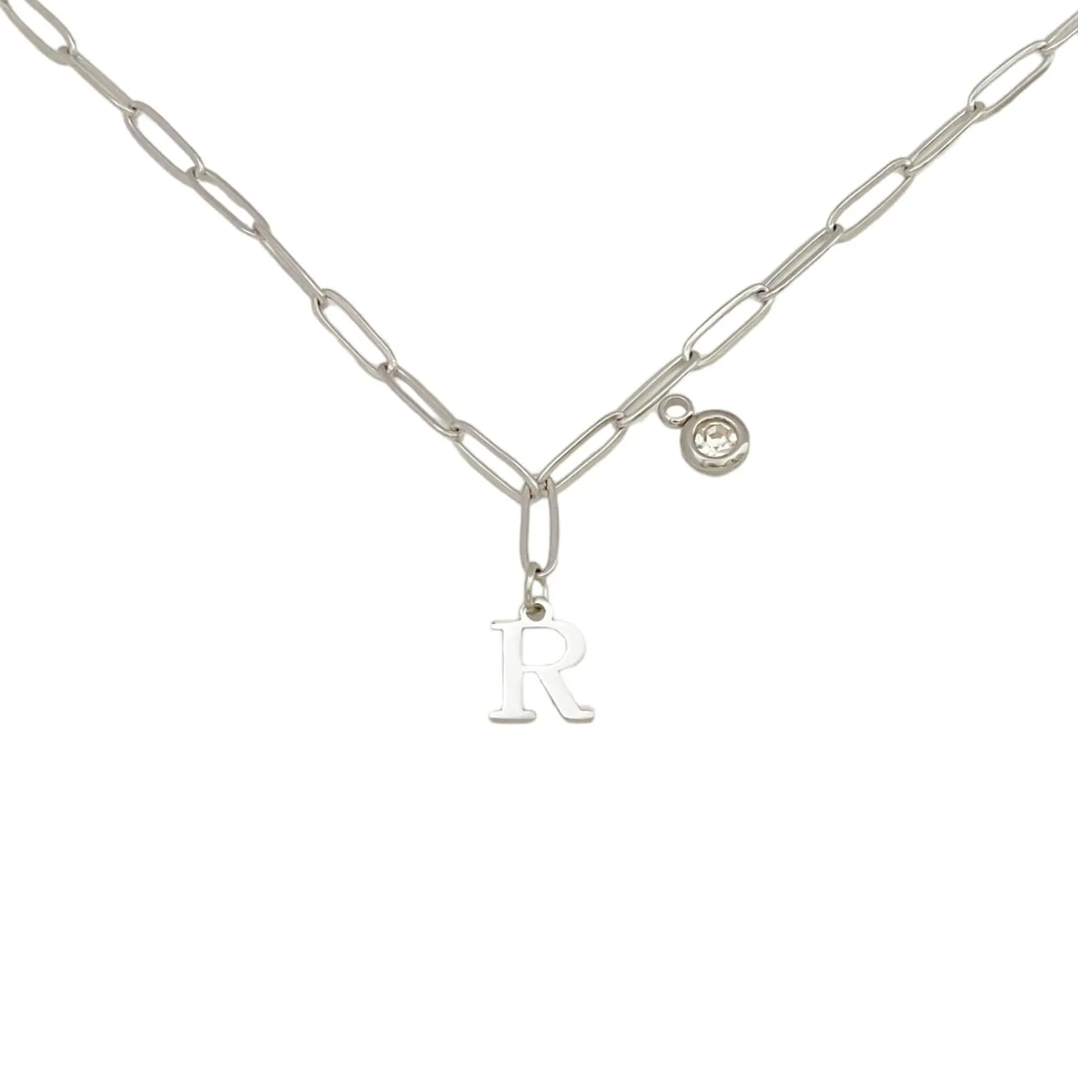 Alphabet Birthstone Paperclip Necklace Silver (O-U)