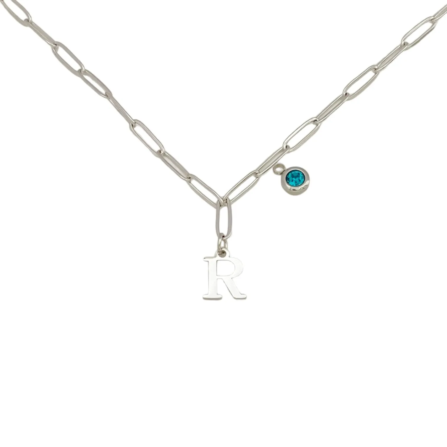 Alphabet Birthstone Paperclip Necklace Silver (O-U)