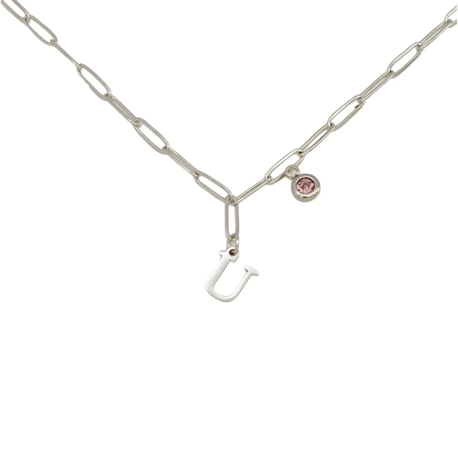 Alphabet Birthstone Paperclip Necklace Silver (O-U)