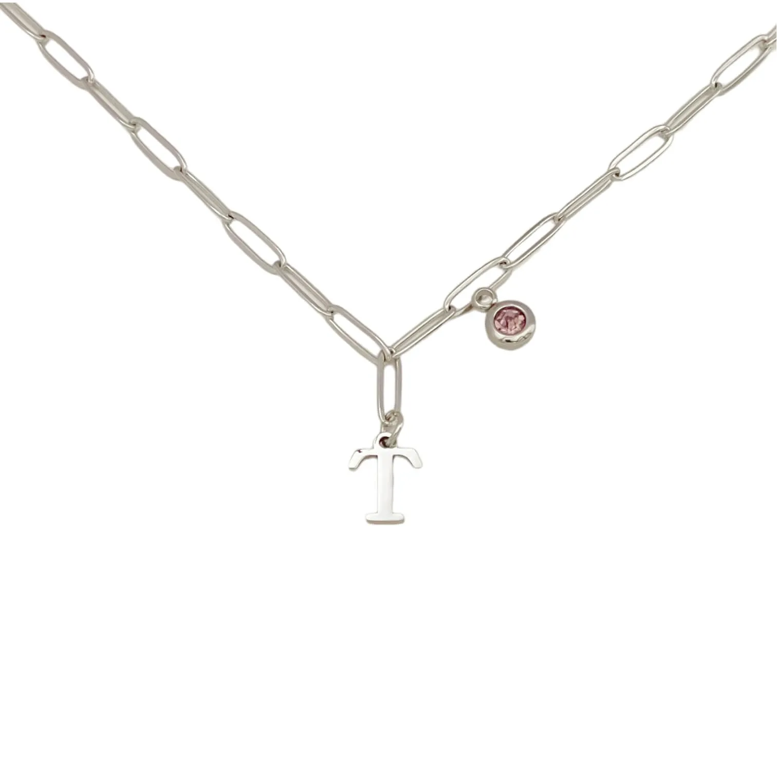 Alphabet Birthstone Paperclip Necklace Silver (O-U)