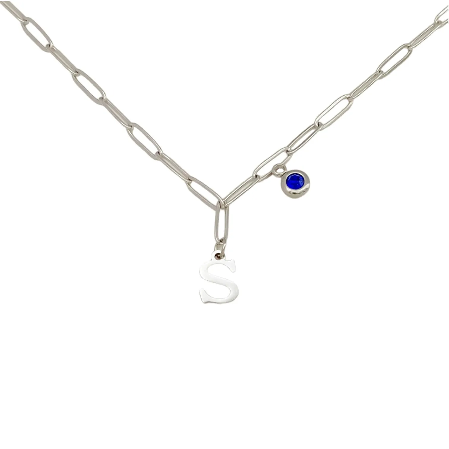 Alphabet Birthstone Paperclip Necklace Silver (O-U)