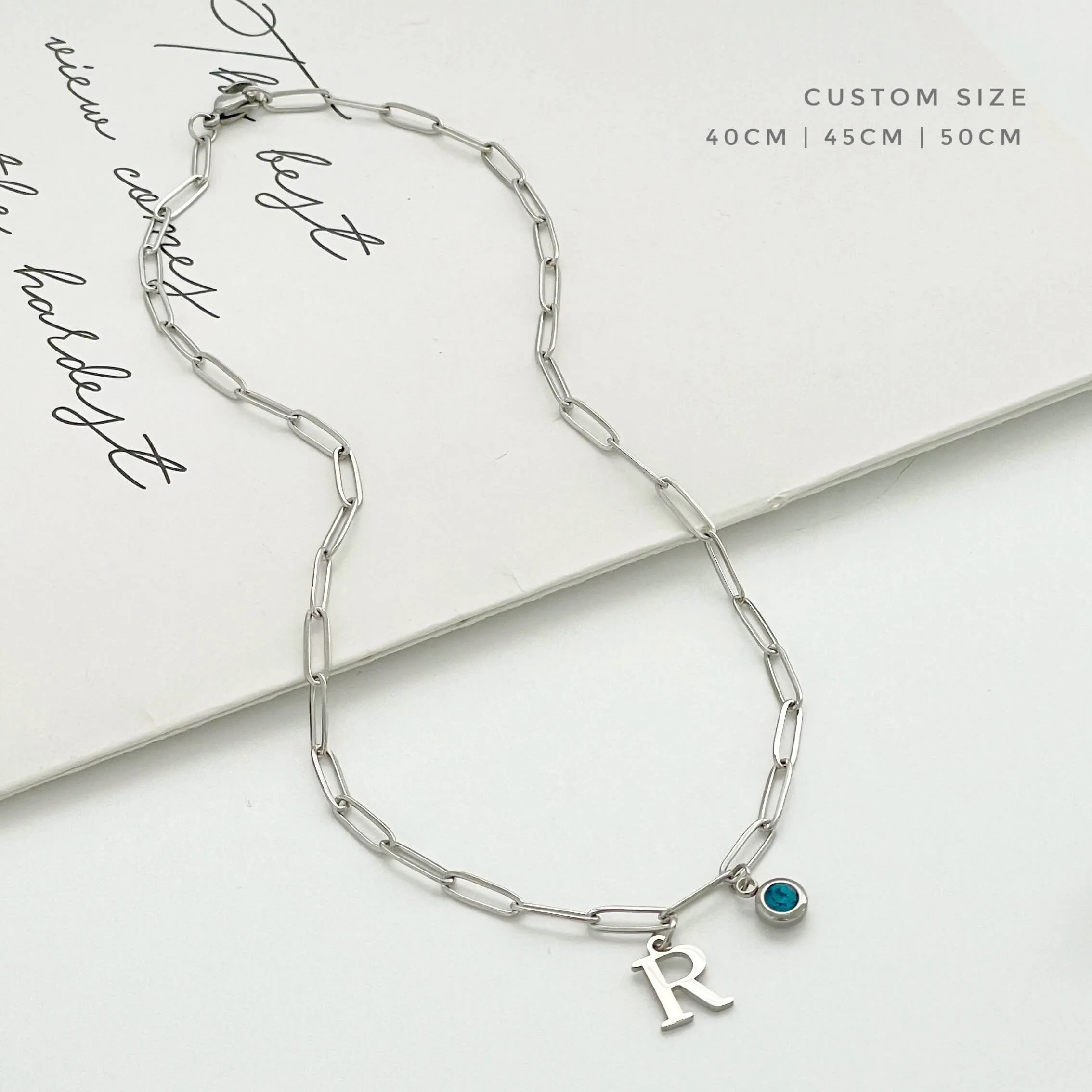 Alphabet Birthstone Paperclip Necklace Silver (O-U)