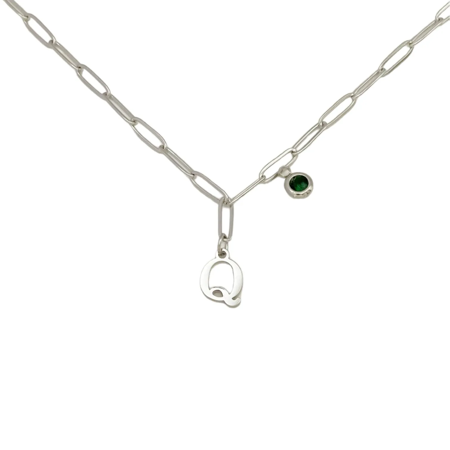 Alphabet Birthstone Paperclip Necklace Silver (O-U)