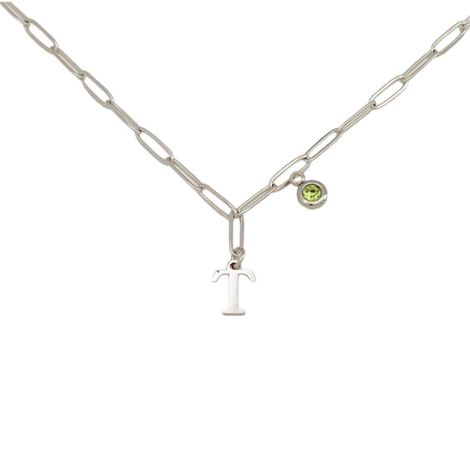 Alphabet Birthstone Paperclip Necklace Silver (O-U)