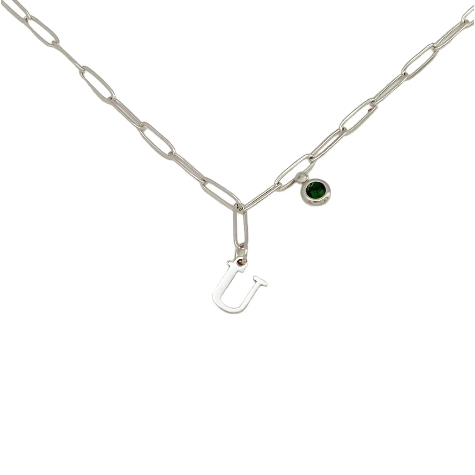 Alphabet Birthstone Paperclip Necklace Silver (O-U)