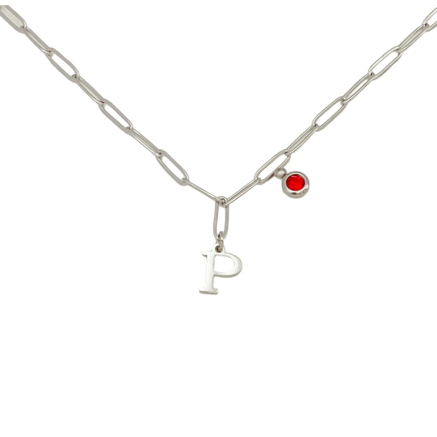 Alphabet Birthstone Paperclip Necklace Silver (O-U)