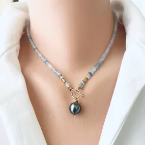 Aquamarine Toggle Necklace & Tahitian Baroque Pearl Pendant, Gold Vermeil, 16.5inches, March Birthstone