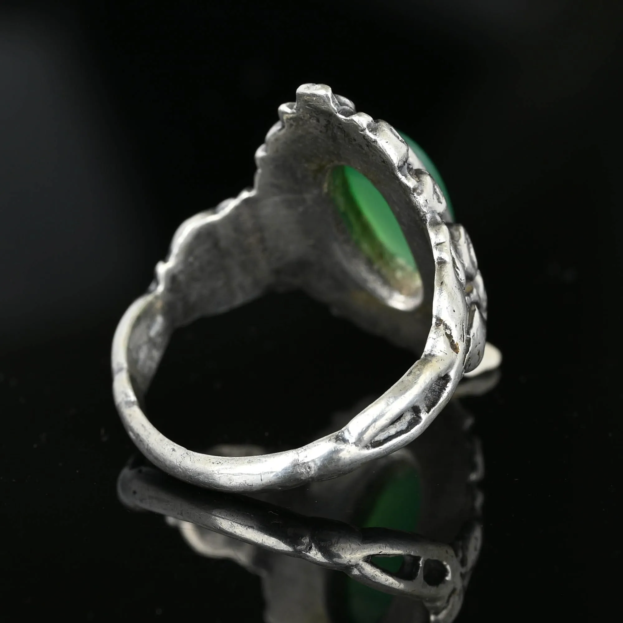 Arts & Crafts Silver Rose Motif Green Chrysoprase Ring