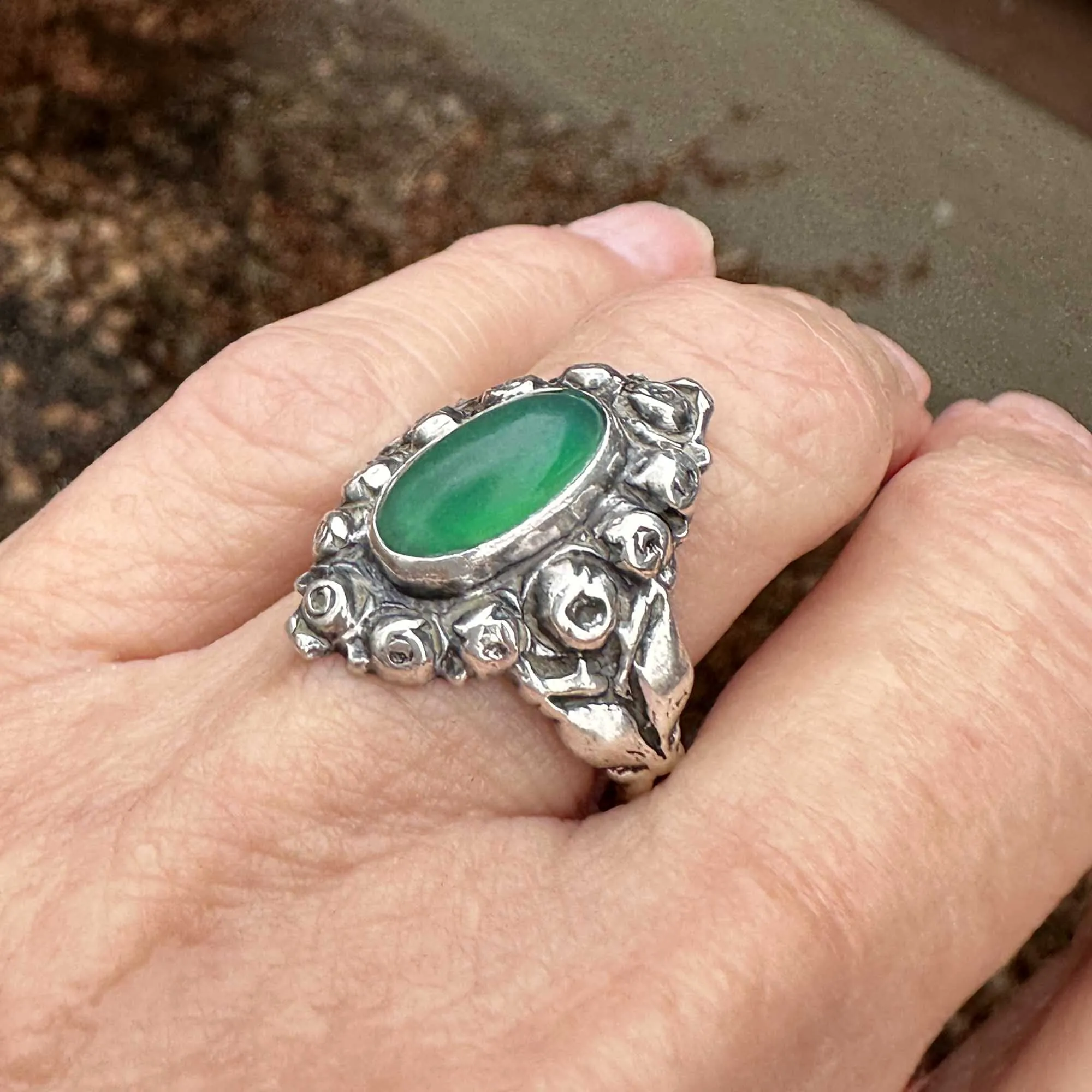 Arts & Crafts Silver Rose Motif Green Chrysoprase Ring