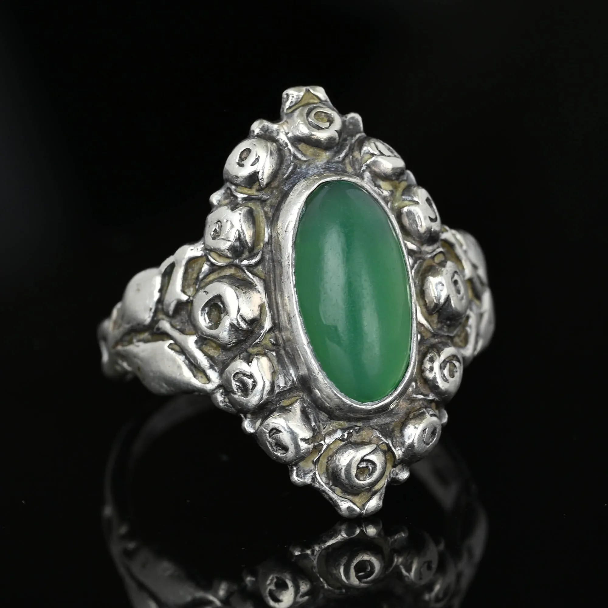 Arts & Crafts Silver Rose Motif Green Chrysoprase Ring