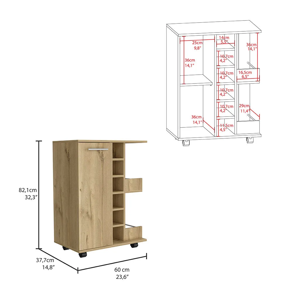 Bar Cart Wells 4 Casters 6 Wine Cubbies Single Door Light Oak