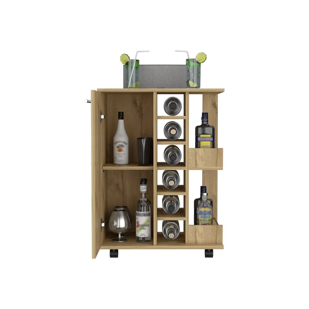 Bar Cart Wells 4 Casters 6 Wine Cubbies Single Door Light Oak