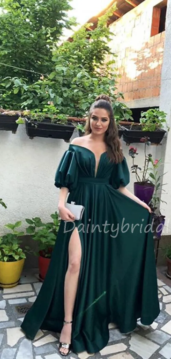 Charming V-neck A-line Side Slit Long Prom Dresses Evening Dresses.DB10578