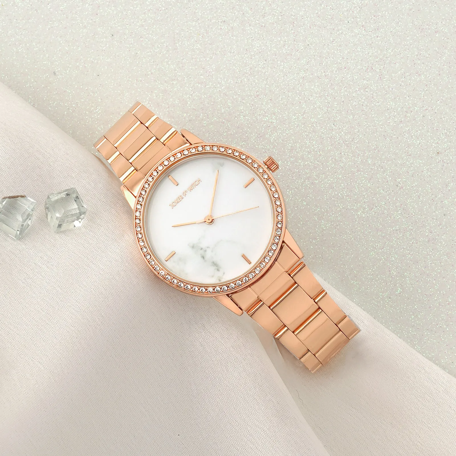 Comet White Marble Dial Rhinestone Metallic Strap Watch