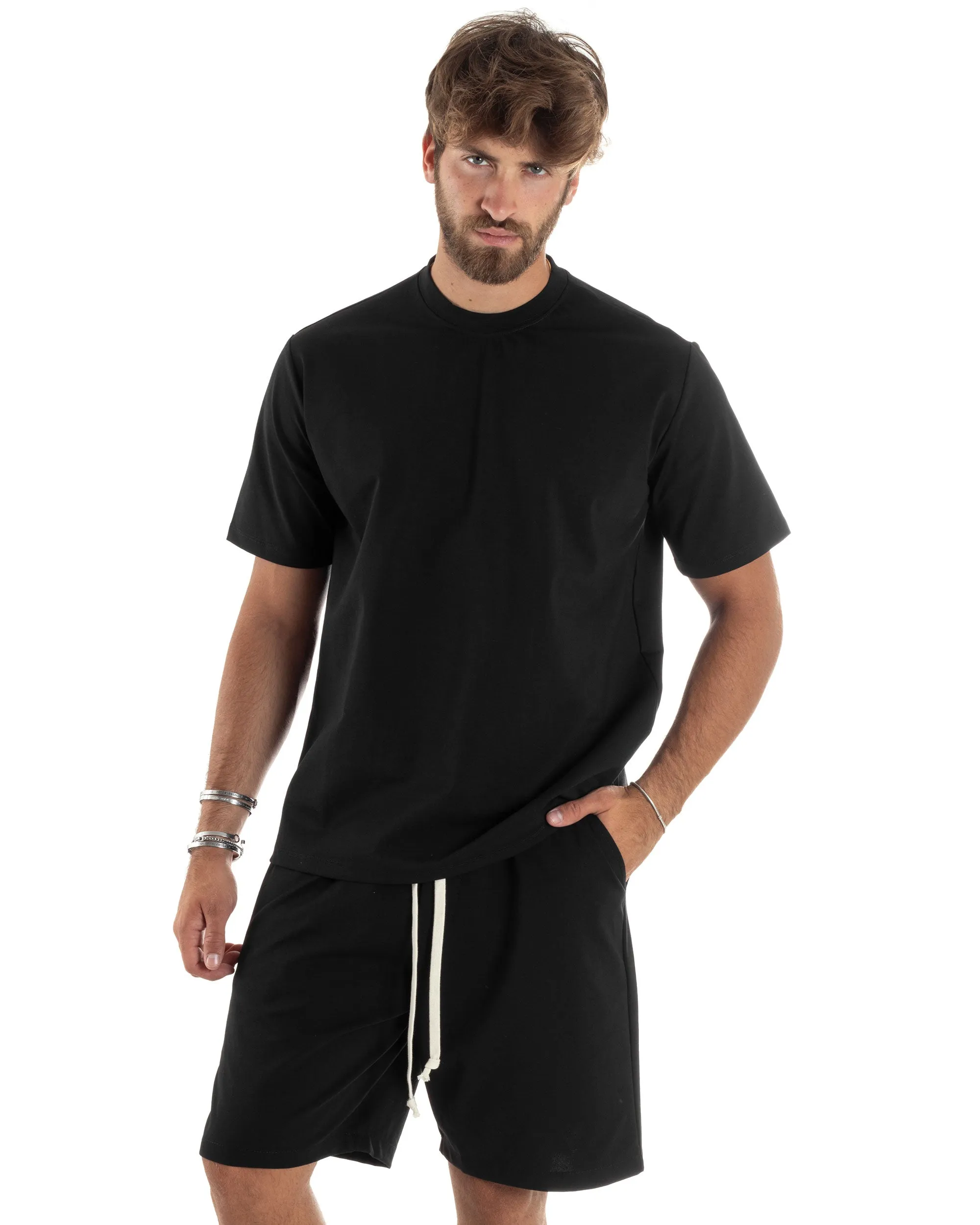 Completo Set Coordinato Uomo Cotone Outfit Basic Casual T-shirt Girocollo Bermuda Con Laccio Pantalaccio Regular Fit Nero GIOSAL-OU2457A