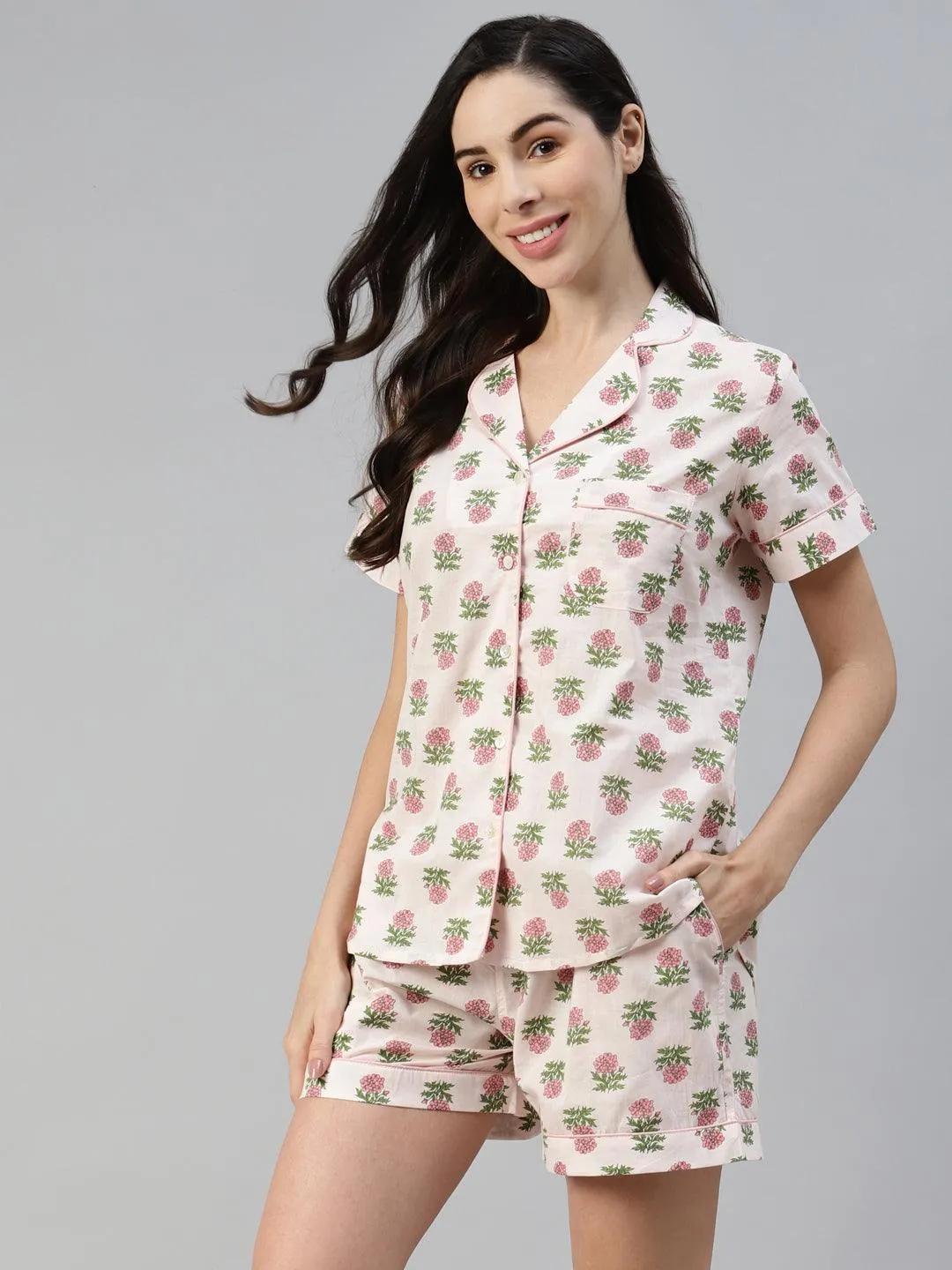 Divena  Baby pink Cotton Floral Print Night Suit