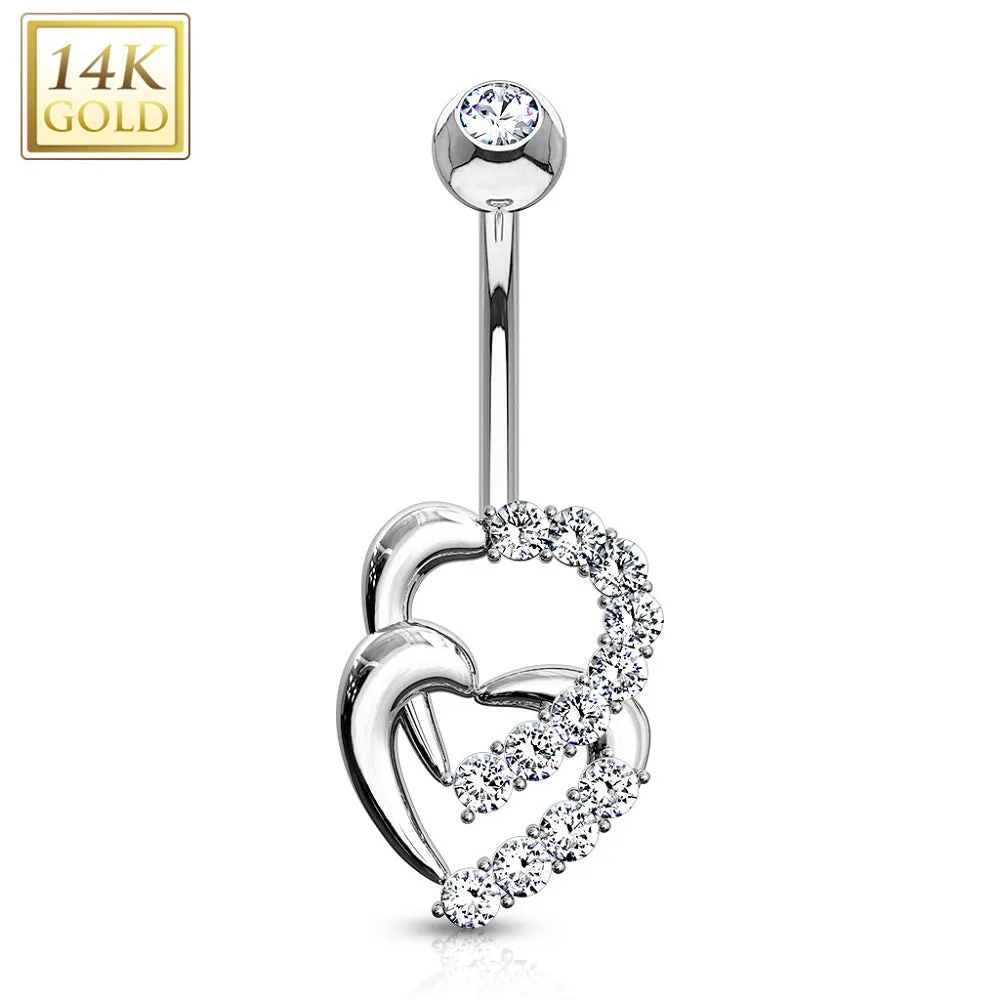 Double Heart Multi CZ WildKlass Navel Ring 14 Karat Solid Yellow Gold