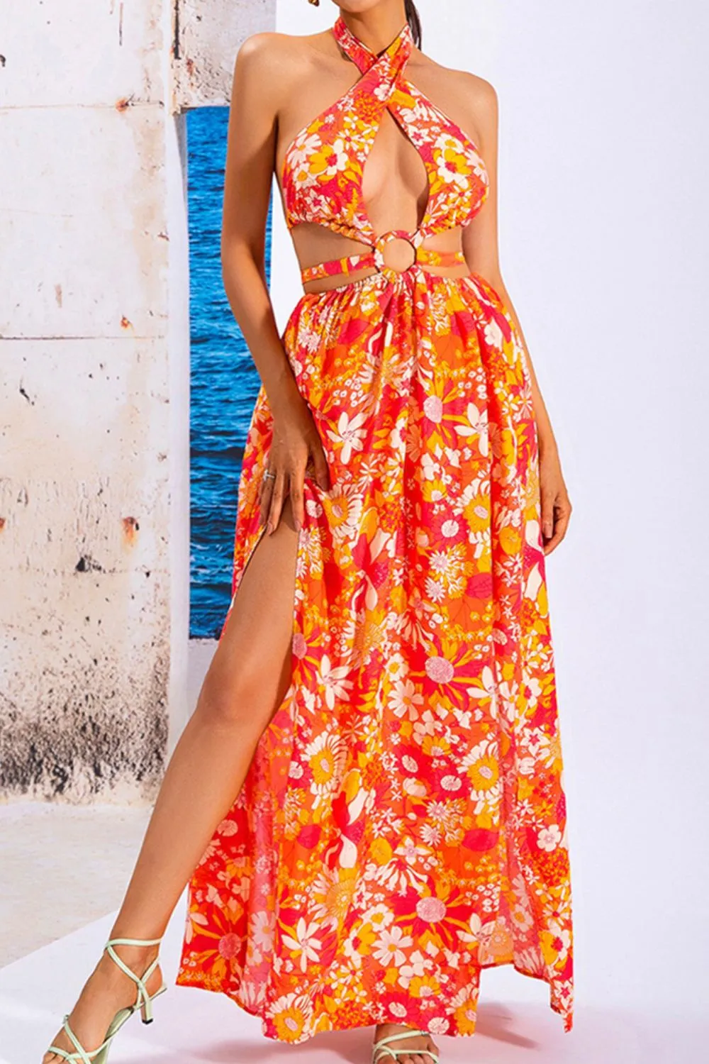 Floral Cutout Halter Neck Split Dress