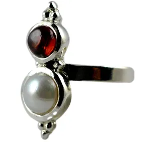 Freshwater Pearl, Garnet 925 Sterling Silver Handmade Ring Size 4-13 US