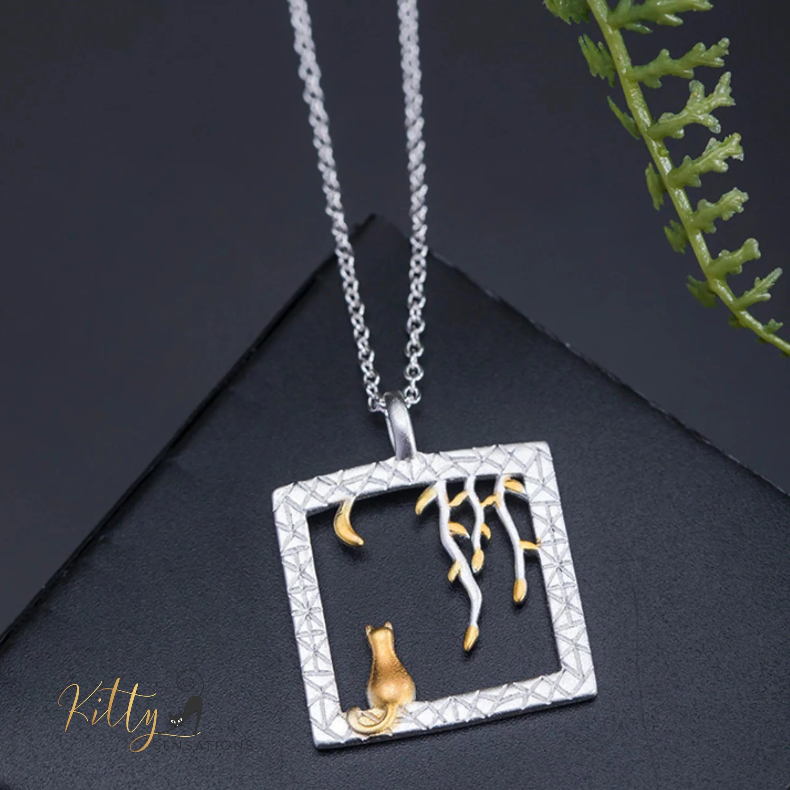 Golden-Moon-Kitty-in-Silver-Square Necklace in Solid 925 Sterling Silver (18K Gold Plated)